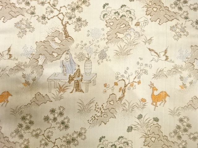 アンティーク　唐人物に鹿・鶴・草花模様織り出し名古屋帯